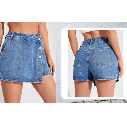 Women's High Waisted Denim Skort Asymmetric Button Detail Frayed Hem Skirt Shorts Summer Casual Streetwear Trendy Outfits