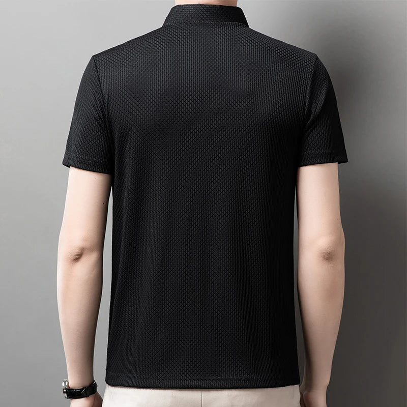 Men's Business Polos Casual Short Sleeved Bone Flower Solid Color POLO Shirt Fashion Breathable Comfortable Summer Versatile Top