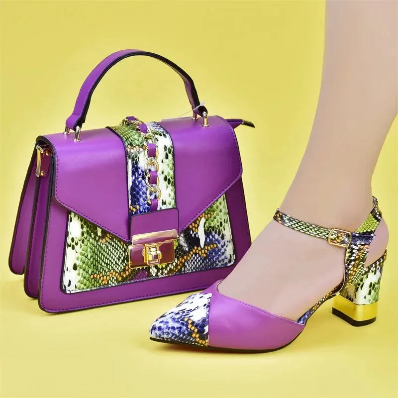 New Design Italian Shoe and Bag Set for Party In Women Ladies Shoes and Sandals Snake Print Heels Wedding Shoes for Women Bride
