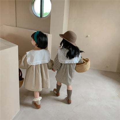 Baby Girls Dress Casual Plaid Clothes Summer New Korean Cotton Linen Girls Princess Dress Big Turn Down Collar Dress