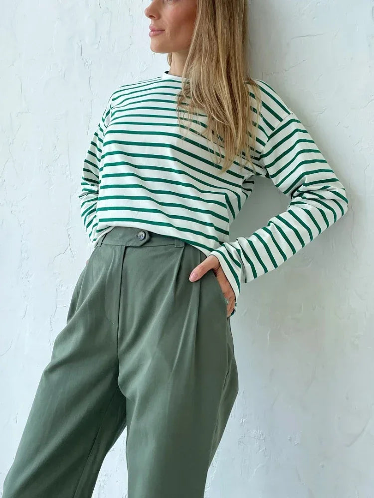 2025 Summer Long Sleeve Striped T-Shirts Women Basic Casual Tops Female Cozy Loose Cotton Tees Harajuku T Shirt New