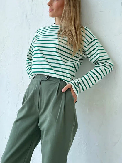 2025 Summer Long Sleeve Striped T-Shirts Women Basic Casual Tops Female Cozy Loose Cotton Tees Harajuku T Shirt New