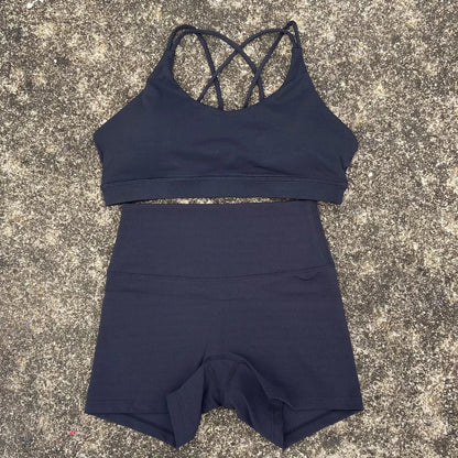 2 Piece Yoga Shorts Set Gym Sports Set Women Workout Outfit Fitness Suit Cross Straps Bra High Waist Shorts Running Tracksuit