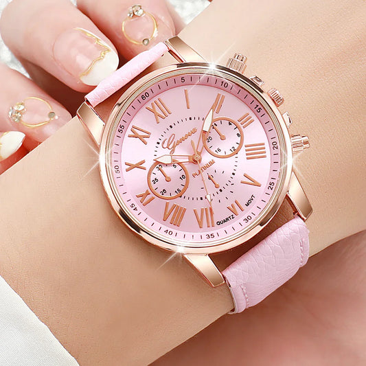 6PCS/Set Fashion Roma Dial Women's Quartz Watch Casual Leather Band Analog Wrist Watches（Without Box）