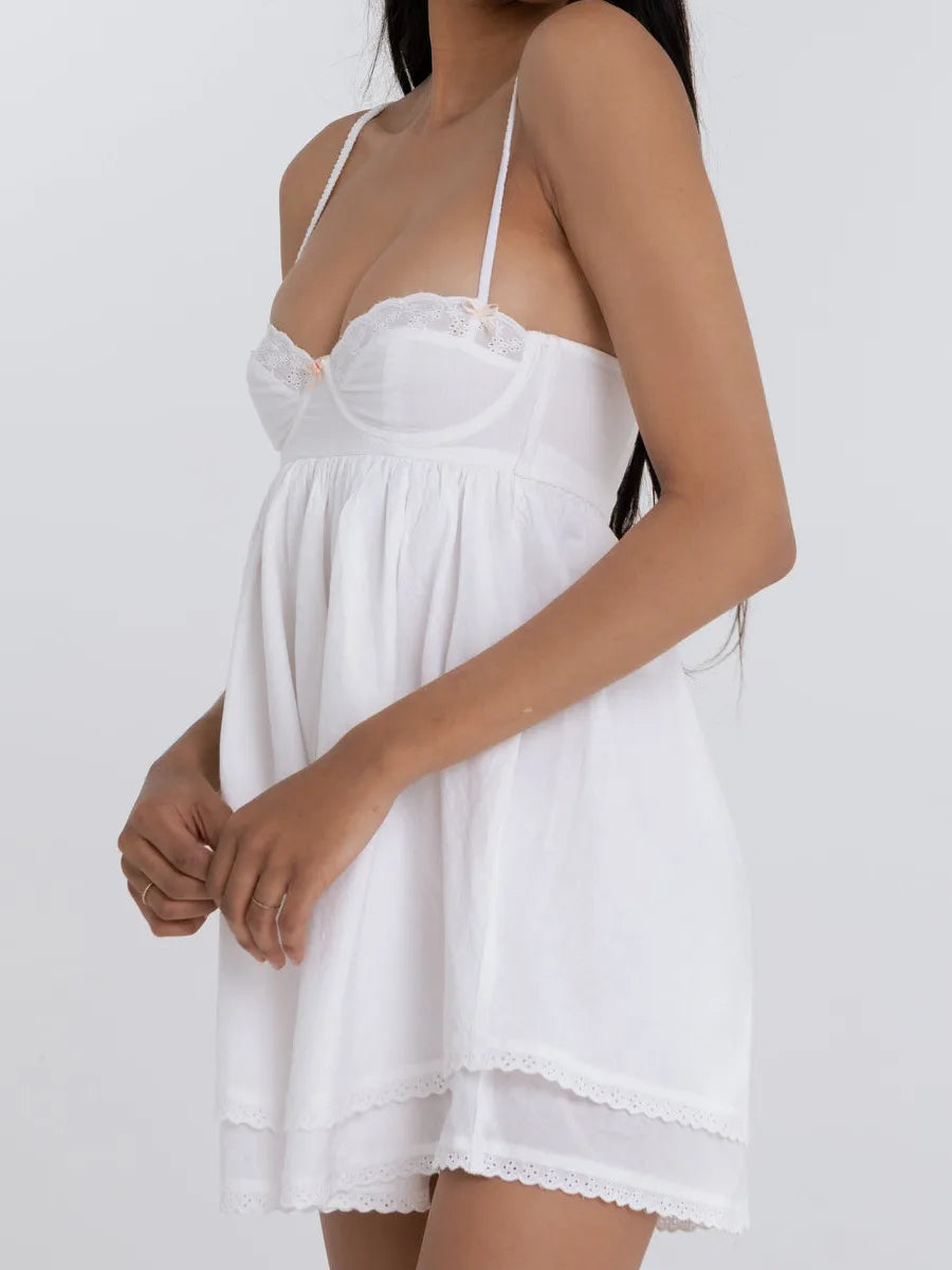 White Spliced Embroidery Lace Bra Corset style Mini Dress Women Backless Party Skater Short Sling Robe Holiday