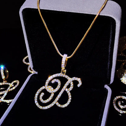 Fashion 26 Cursive Initial Letter Zircon Pendant Necklace For Women Shiny Crystal Alphabet Rope Chain Necklace Hip Hop Jewelry