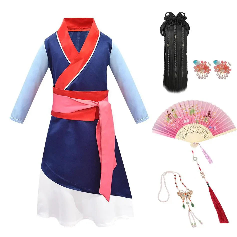 Mulan Same Costume Girl Hero Halloween Cosplay Costume Children Long-sleeved Two-piece Drama Costume Chinese Style Dress