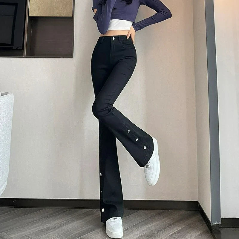 Y2K Casual Solid Slim Elastic Wash  Denim Pants