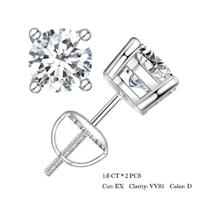 0.5-1ct Moissanite Screw Back Earrings for Women, D Color VVS1 Clarity Lab Created Diamond Earring White Gold Earrings