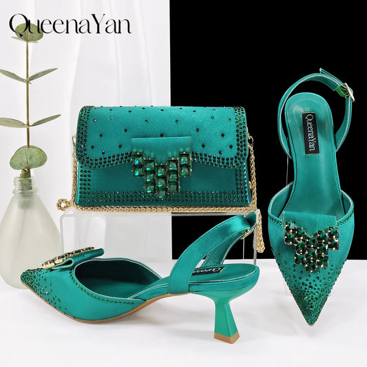 Green Color Rhinestone Comfortable High Heel Shoe And Bag Fashion Style Pointed-Toe Shoes For Women Or Commuting Shoes