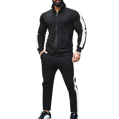 2025 Spring Autumn Men's 2-Piece Set Color Blocking Zipper Stand Collar Casual Sports Jacket Sweatshirt Trousers Suit