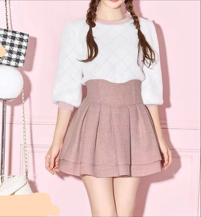 Japanese Lolita Skirts Ruffled Pleated Plaid Skirt Women 2026 Spring New Elastic High Waist Slimming Gentle Mini Skirt Culottes