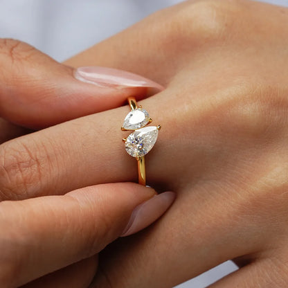 100% 18K real gold moissanite double stone ring for women, square water drop exaggerated ring, high-end jewelry for girlfriend