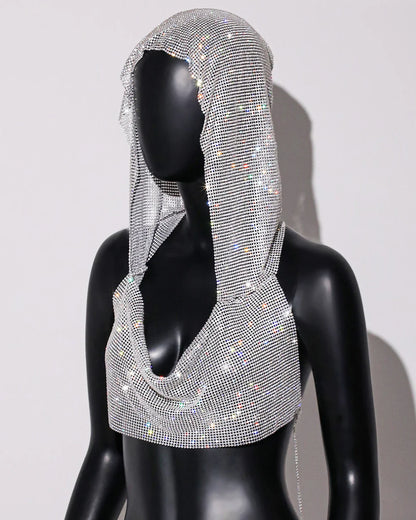 2025 Summer New Rhinestone Hooded Crop Top Sexy Deep V Neck Backless Sleeveless Glitter Tank Top Rave Nightclub Party Camisole