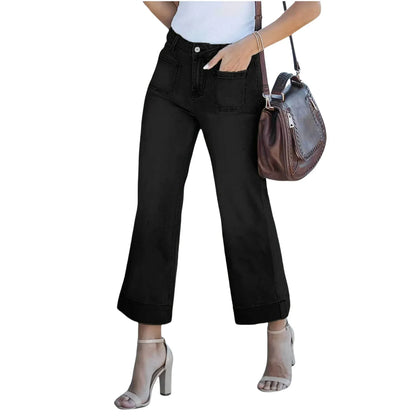 Fashionable Casual Straight Leg Jeans Washed Denim Nine-Piece