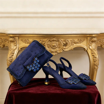 Italian Fashion Design Shoes and Bags Matching Set  High Heels green Color Rhinestones Elegant Women Shoes for Party