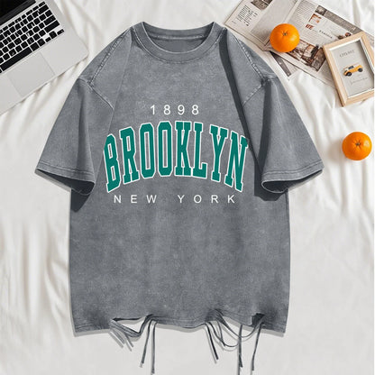 1898 Brooklyn New York Print Washed Holes T-Shirts Men Summer T-Shirt Breathable Fashion Clothing Mans Casual Cotton Streetwear