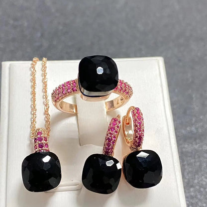 Conjunto de Joias Femininas 3 Peças - Anel, Brincos e Colar Banhados a Ouro Rosé com Zircônia Roxa Incrustada