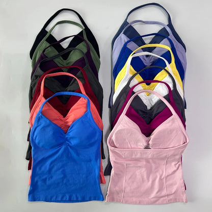 Yoga Longline Strappy Top Leggings Set Women's Backless Camisole Built-In bra Vest High-Waisted Hip Lift Gym Shorts Sports Set