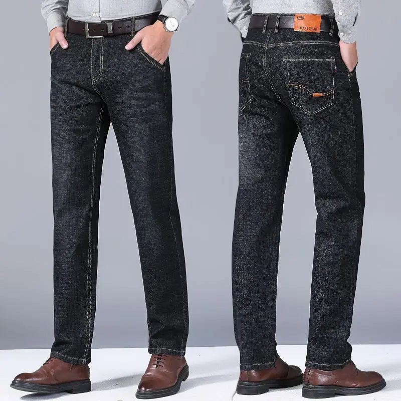 Autumn Spring Business Jeans Men Casual Comfortable Straight Denim Pant Stretch Fashion Classic Soft Premium Blue Black Trousers