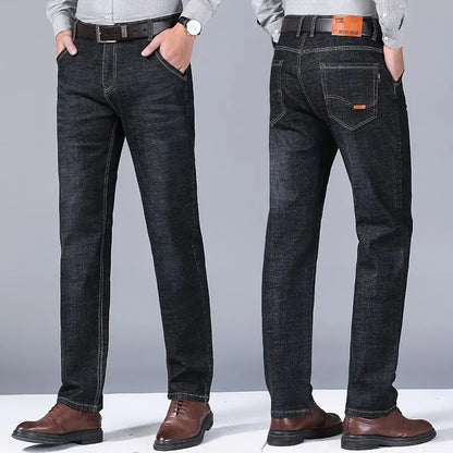 Autumn Spring Business Jeans Men Casual Comfortable Straight Denim Pant Stretch Fashion Classic Soft Premium Blue Black Trousers
