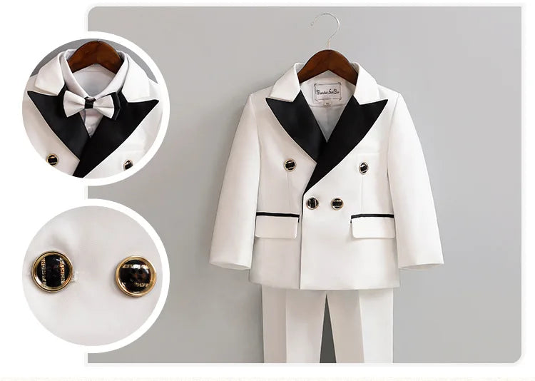 Children White Wedding Suit Boys Girls1 Year Birthday Dress Costume Kids Jacket Pants Bowtie Photograph Suit Flower Tuxedo Dress