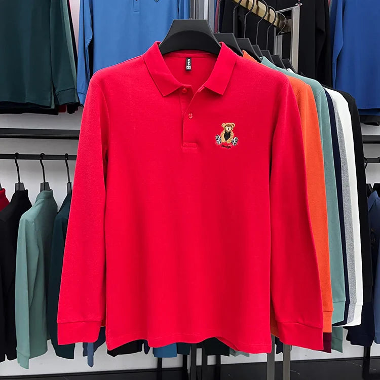 100% Cotton Luxury Quality Men's Polo Shirt Autumn Bear Exquisite Embroidery Long Sleeve T-shirt Trend Fashion Golf Menswear Top