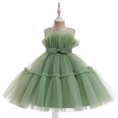 Summer Ruffles Bridesmaids Party Girls Dress Elegant Bow Wedding Birthday Princess Dresses Girl Tulle Pageant Evening Costumes