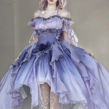 Original Lolita Trailing Puffy Dress Women Short Front Long Back Princess Blue Flower Wedding Dress Elegant Off Shoulder