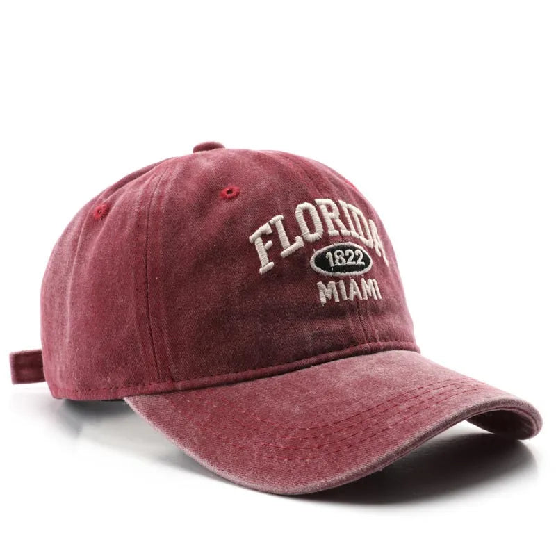 Vintage Washed Cowboy Baseball Cap for Men Women FLORIDA Embroidery Sun Cap Casual Snapback Hip Hop Hat Curved Brim Soft Top Hat
