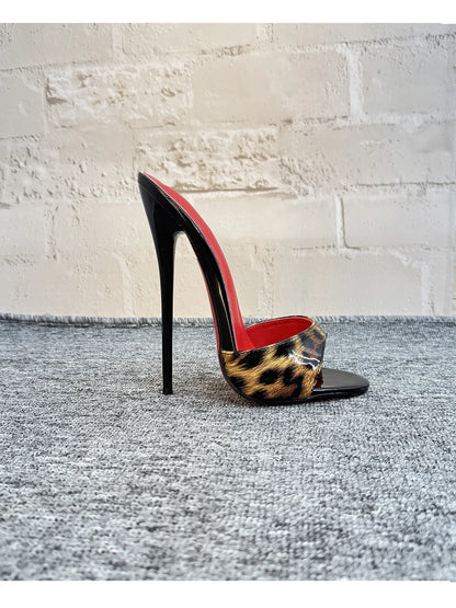 New 12cm fashionable high-heeled patent leather leopard print slippers with sexy open toed sandals, reversed size, 33-46