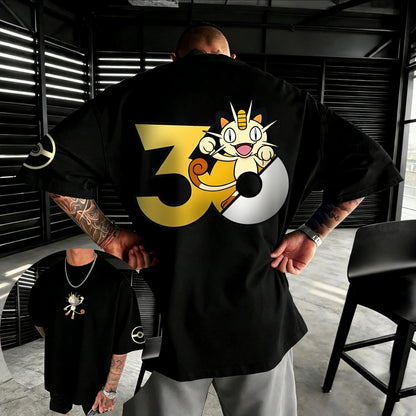 30th Anniversary Meowth Printed T-shirt Summer New Men's and Women's Loose Casual Hip Hop Trendy Short Sleeve Top