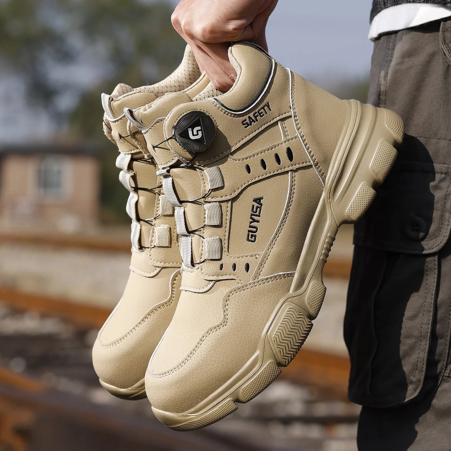 Men's Steel Head Work Shoes Anti Smash and Anti stab Khaki High Top Intelligent Buckle Simple Fashion Industrial Style Pr