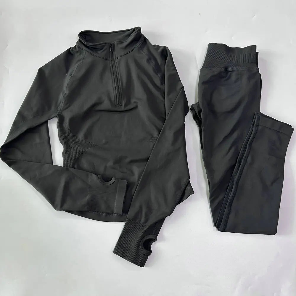 Women 2pcs Yoga Sets Long Sleeve Jacket Sport Top With Half Zip High Waisted Leggings Fitness Suits Seamless Running Workout Set