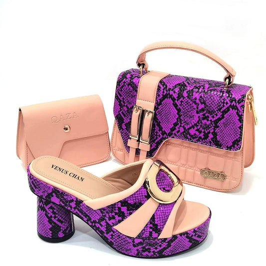 Retro Design!Three-Piece Set Peach Color Patent Leather Bag With Ribbon For Women, Classic High-Heeled Shoes