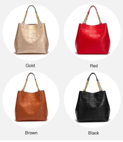 Embossed Logo Tote Bag Spacious Interior Chain Accent Top Handle Bag Casual Daily Outings Weekend Trips