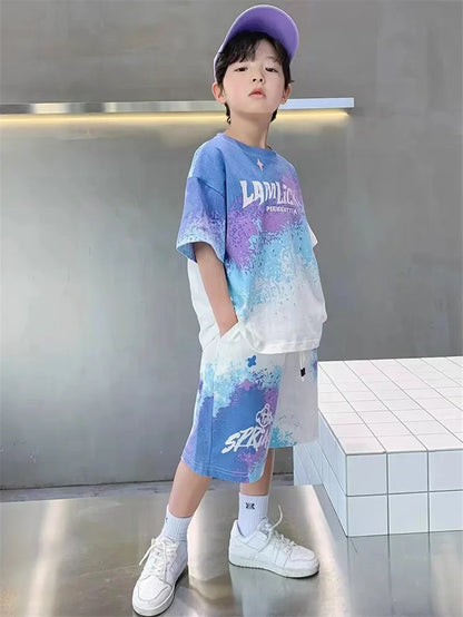 Boys Loose Casual Sets Summer Teen Gradient T-shirts+Shorts 2Pcs Big Kids Sport Short Sleeve Clothes Suits Children Print Outfit