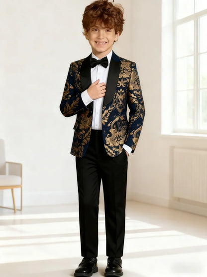 Premium Gold Embroidery Suit Set for Boys 3-14 Yrs Communion Suit Jacket Vest Pants Set Stylish Shawl Collar Children Tuxedo