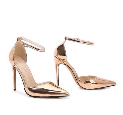 Professional Suit French High Heels One-Liner Strap Pointed Toe Thin Heel Shallow Mouth Hollow Super High Heels Versatile