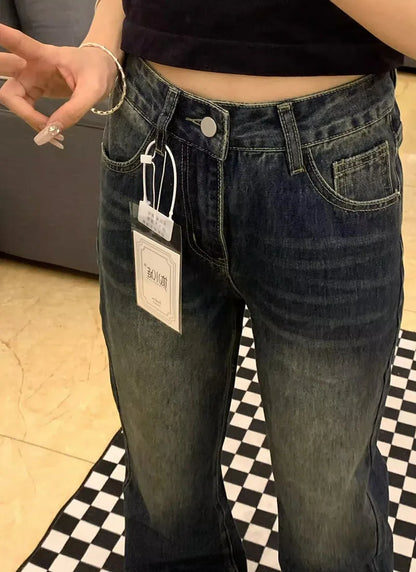 Y2K Retro Micro Denim Pants For Women Straight Fit Spring-autumn Style Pear-shaped Figure Large Size High Waist Slimming Effect