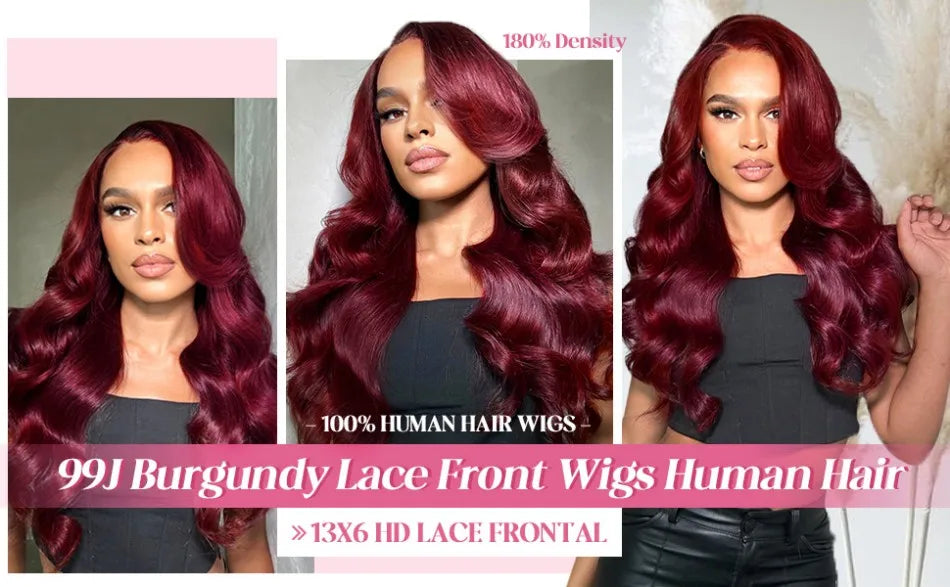 30 Inch 99J Burgundy Lace Front Wigs Human Hair 13x6 HD Transparent Body Wave Lace Front Human Hair Wig For Black Women