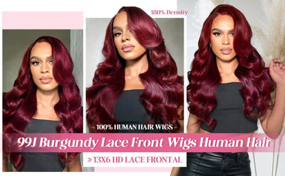 30 Inch 99J Burgundy Lace Front Wigs Human Hair 13x6 HD Transparent Body Wave Lace Front Human Hair Wig For Black Women