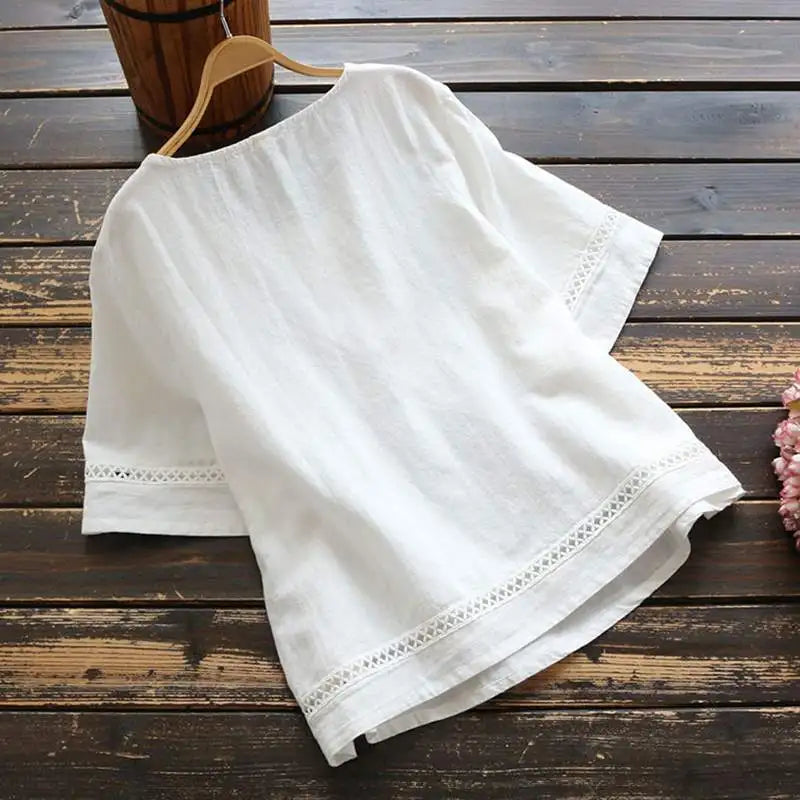 New Women's Elegant Cotton and Hemp Shirt Solid Color Casual Round Neck Hollow Half Sleeve Splicing Fashion Women's Top