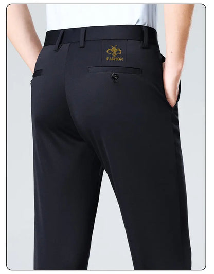Spring Summer Mens Stretch Pants Smart Casual Suit Pants Wrinkle Resistant Dress Pants with Embroidery Pattern