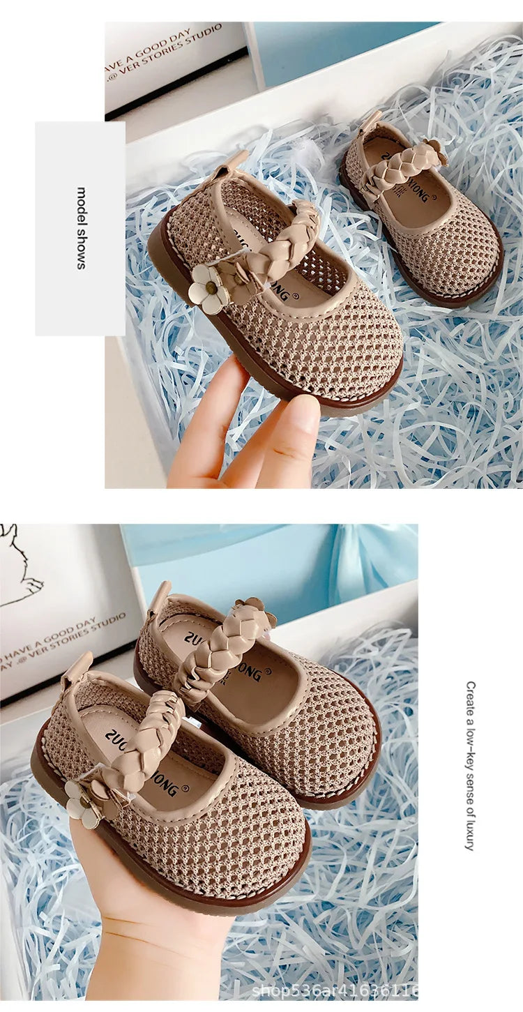 Girls Walking Shoes Lace Mesh Bows Kids Princess Shoes Non-slip Shiny Sequins 2025 New Children Flat Shoes Soft Sole Non-slip