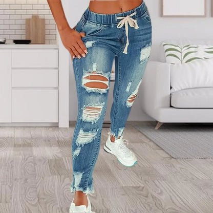 Stretchy Ripped Hole Jeans Women Straight Denim Trousers