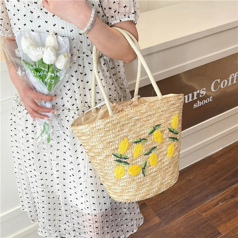 Embroidery Fruit Solid Color Shoulder Bag Straw Woven Hollow Versatile 2025 High Quality Bags for Women New Beach Handbags