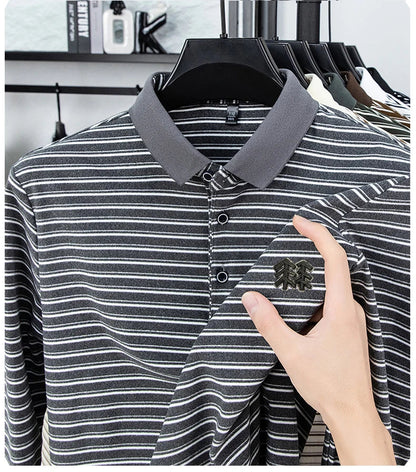Men's Striped Long Sleeved T-shirt Polo Shirt Button Up Men's Stand Up Collar, Winter Double-sided German Velvet Base Shirt