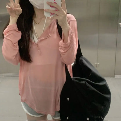 Korean Fashion Y2k Tank Top Long Sleeve V Collar Crop Top Button Sun Protection Frock Lady