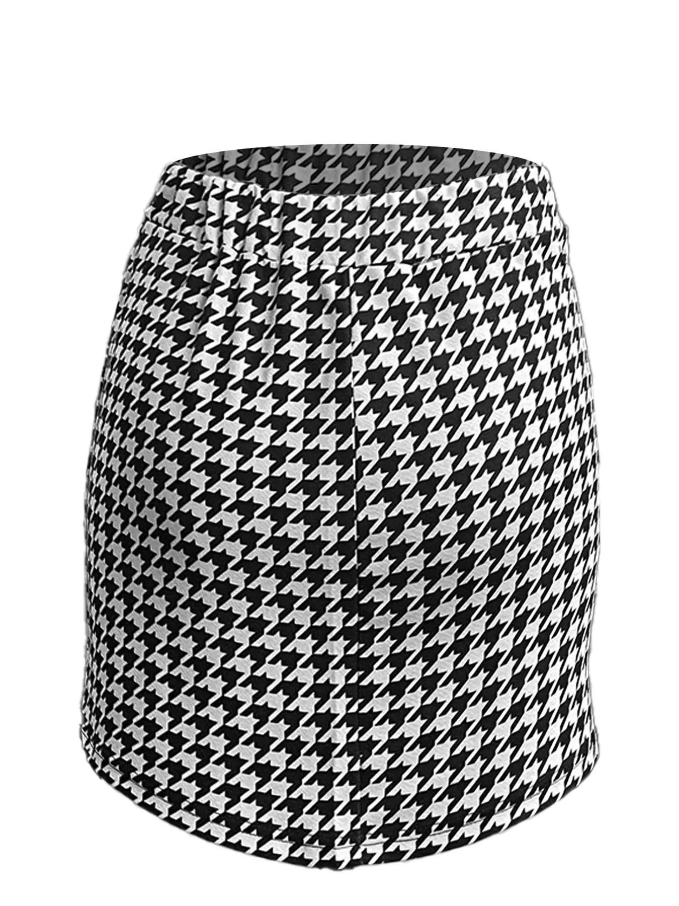 Elegant high-waisted short skirt with a stretch waist in a thousand bird pattern, hugging the hips.